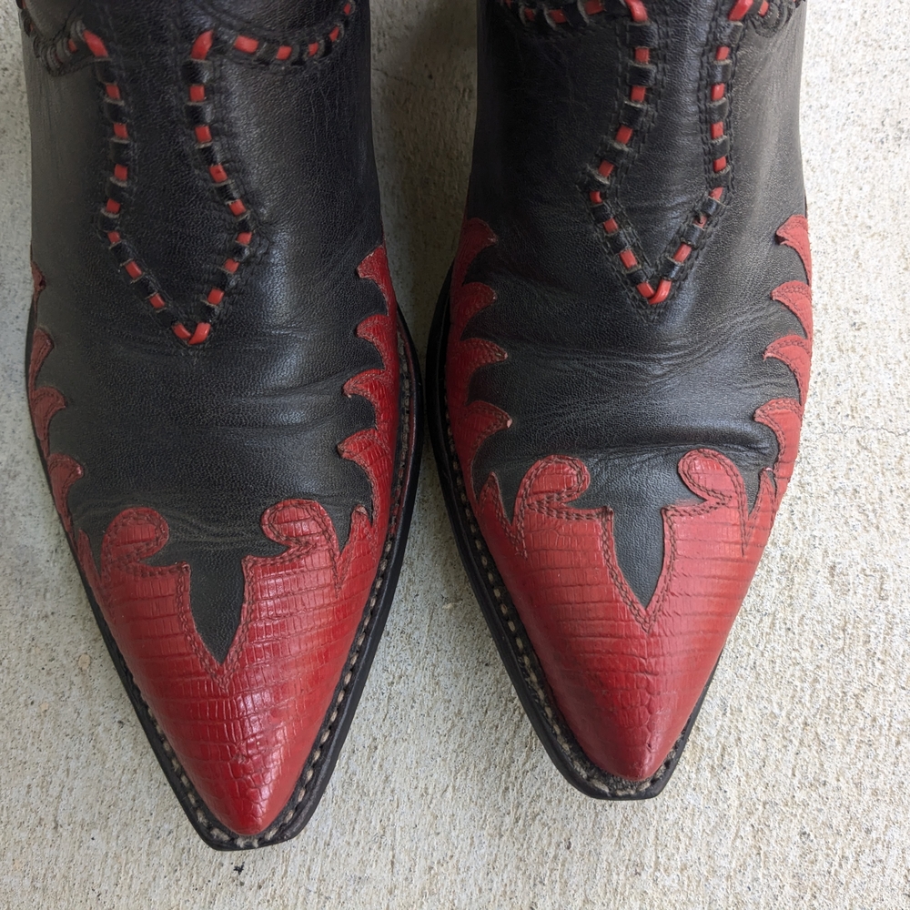 Tony Lama Cowboy Boots Red Black Lizard Leather Men 8.5 D - Picture 6 of 15